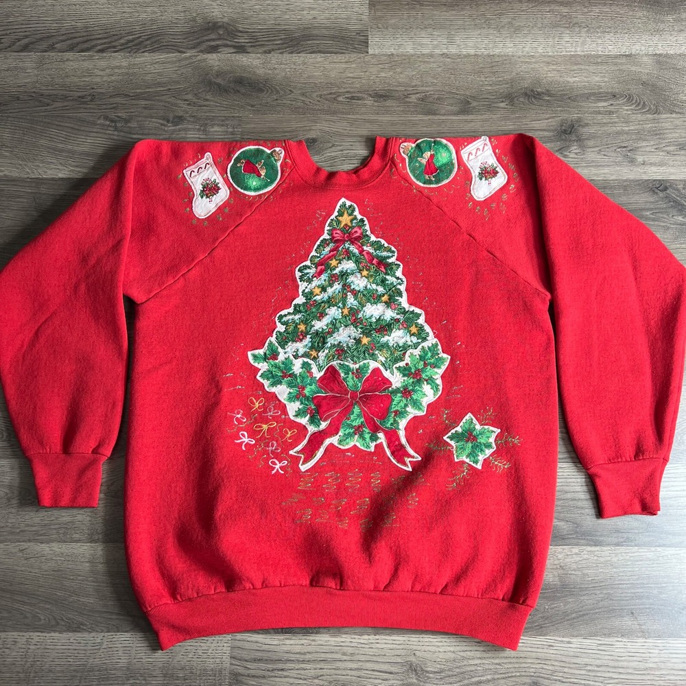 VTG Christmas Tree Sweatshirt Mens XL Raglan Red Homemade Grandma Holidays USA